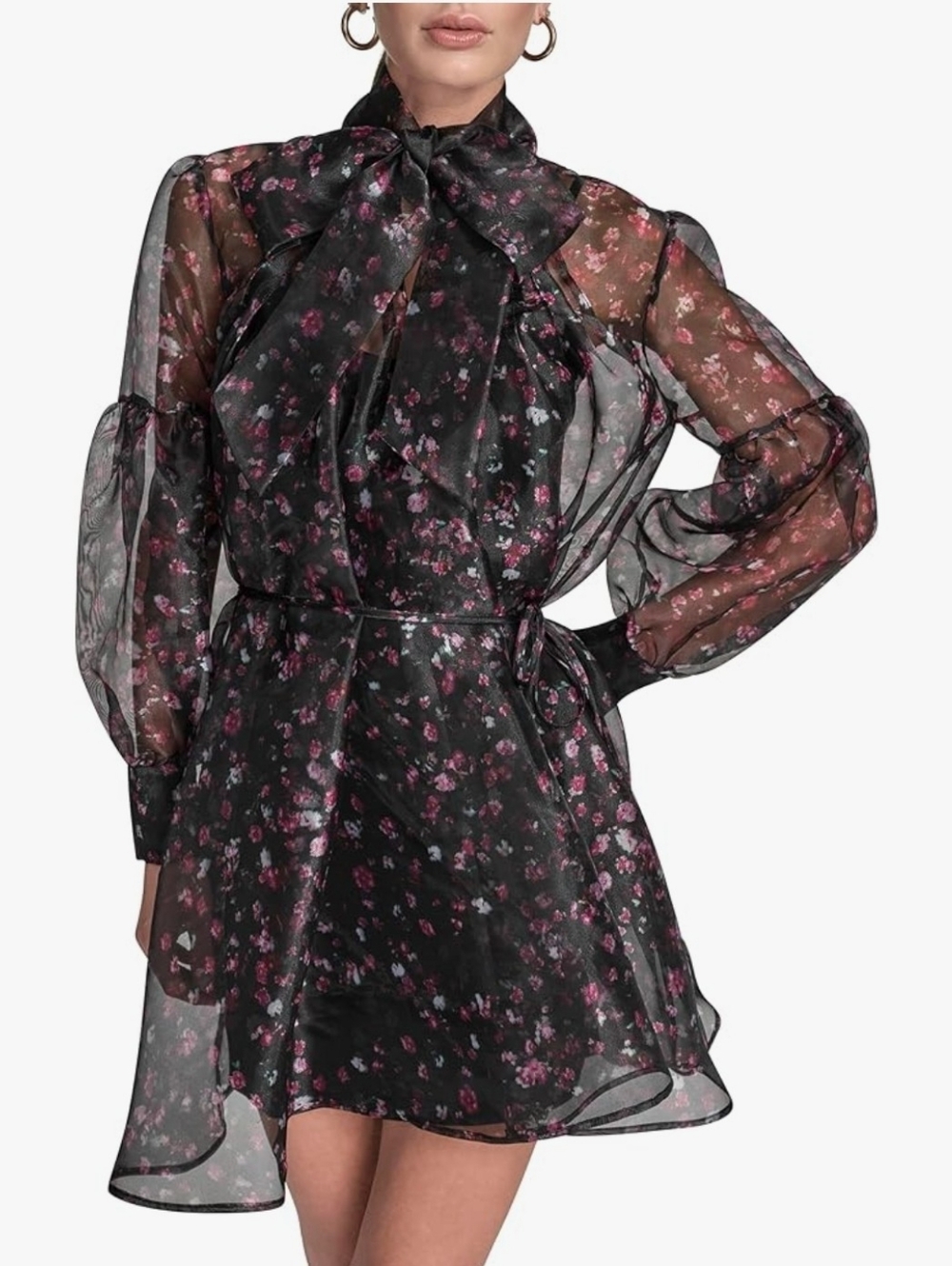 Designer Floral Bow-Neck Mini Dress in Black and Pink